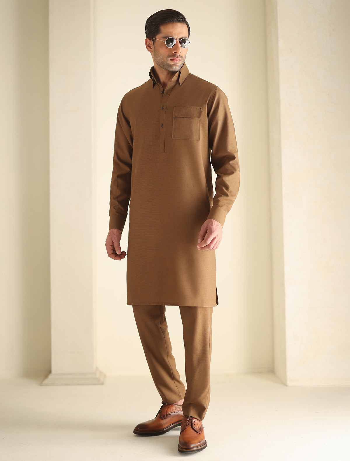 Pakistani Menswear | Ismail Farid - TAN KURTA PAJAMA