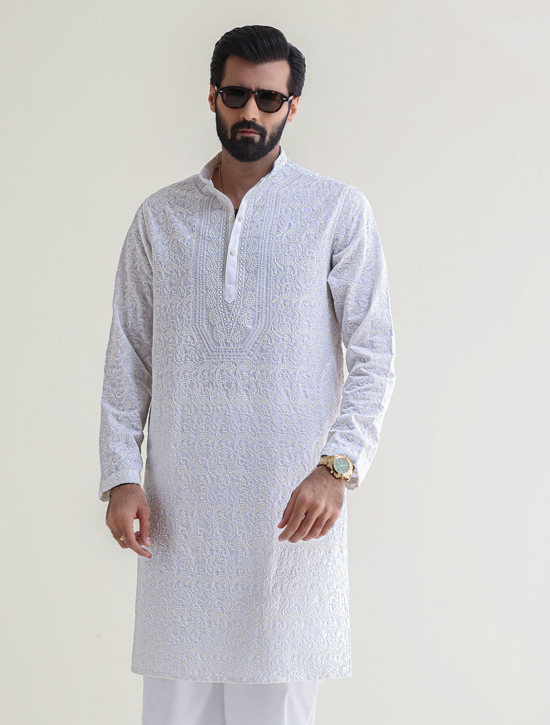 Pakistani Menswear | Ismail Farid - WHITE HEAVY EMBROIDERED KURTA