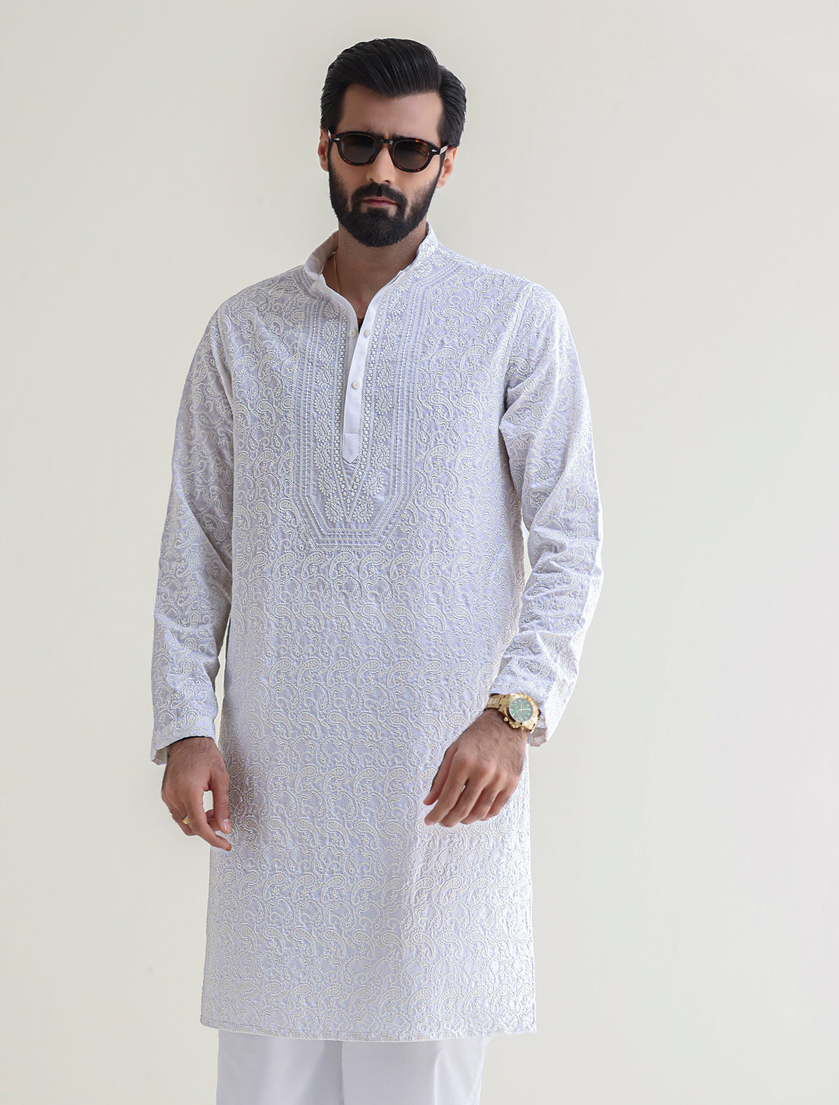 Pakistani Menswear | Ismail Farid - WHITE HEAVY EMBROIDERED KURTA