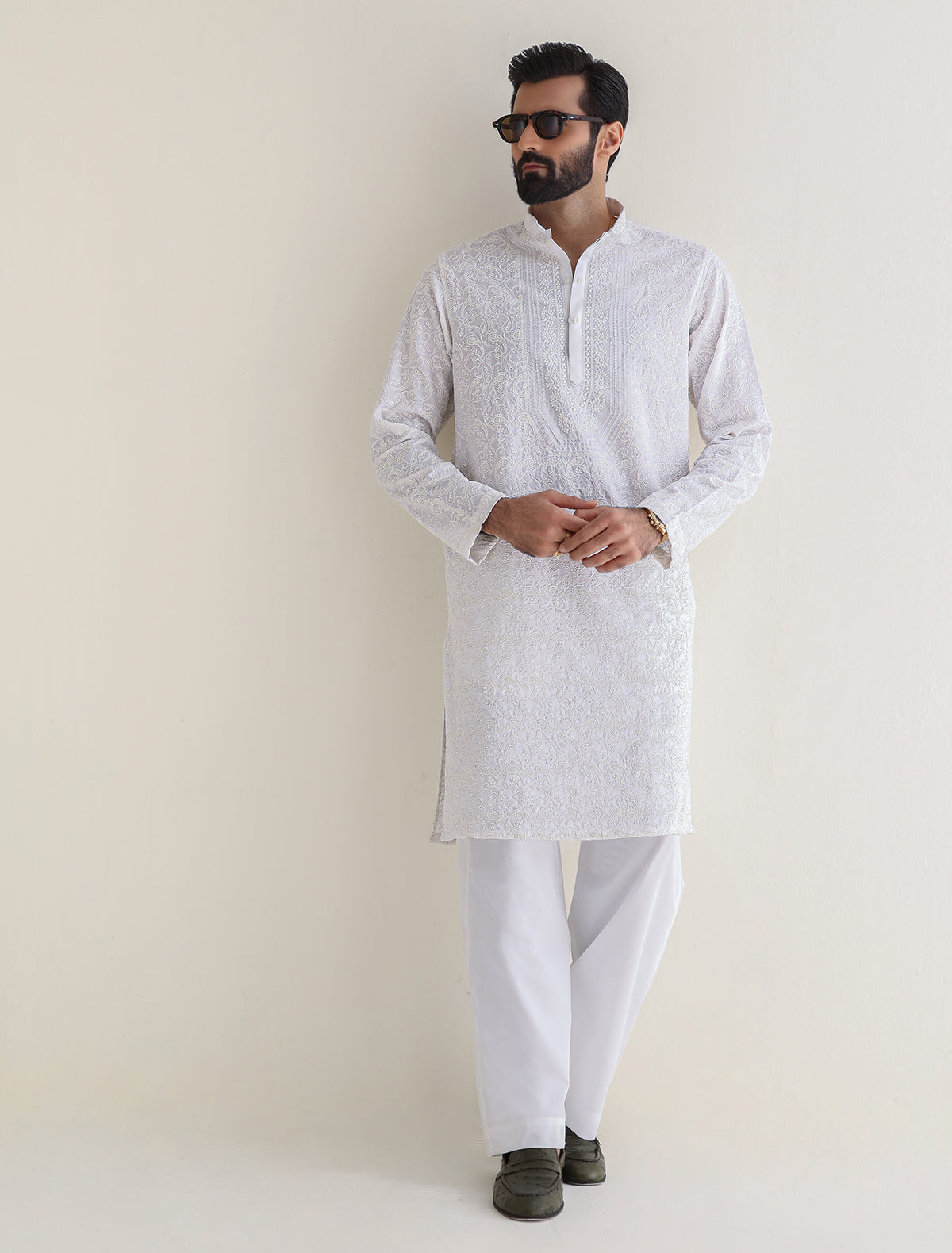 Pakistani Menswear | Ismail Farid - WHITE HEAVY EMBROIDERED KURTA