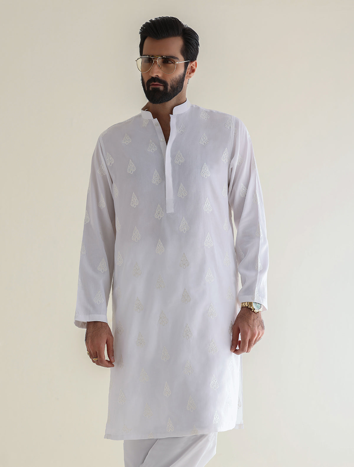 Pakistani Menswear | Ismail Farid - WHITE EMBROIDERED KURTA