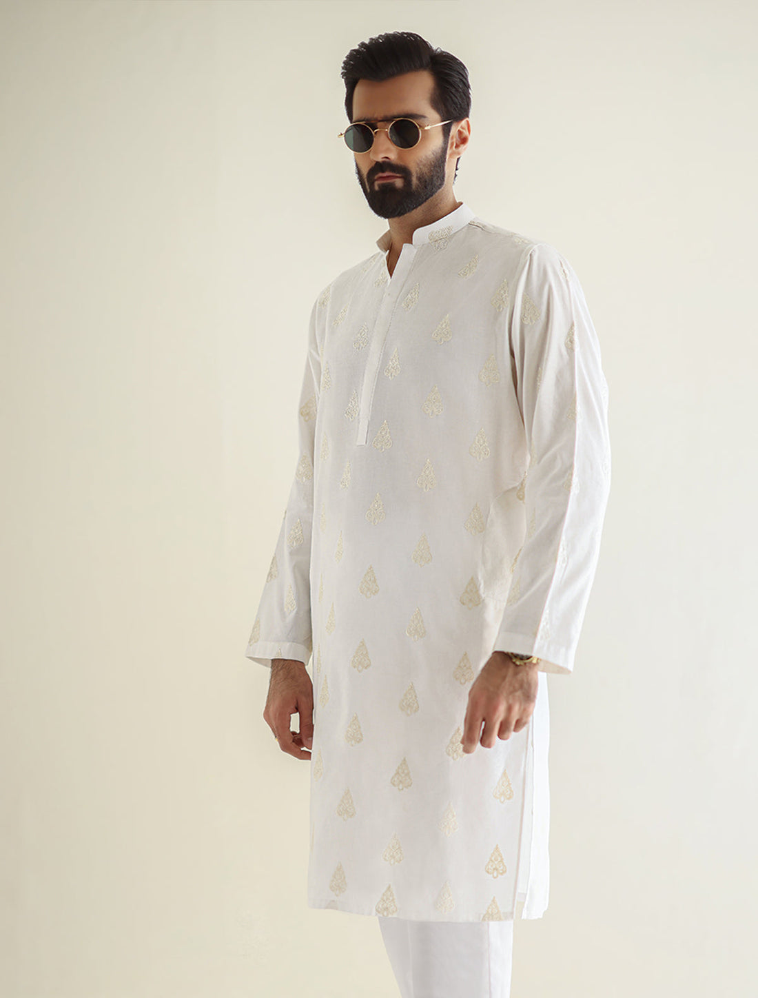 Pakistani Menswear | Ismail Farid - OFF-WHITE EMBROIDERED KURTA