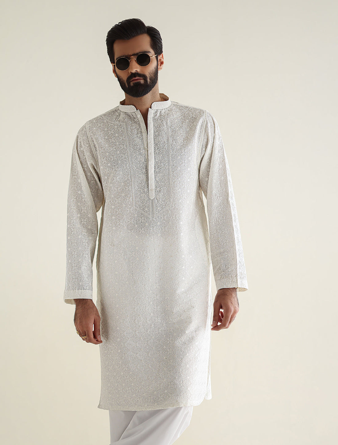 Pakistani Menswear | Ismail Farid - OFF-WHITE HEAVY EMBROIDERED KURTA