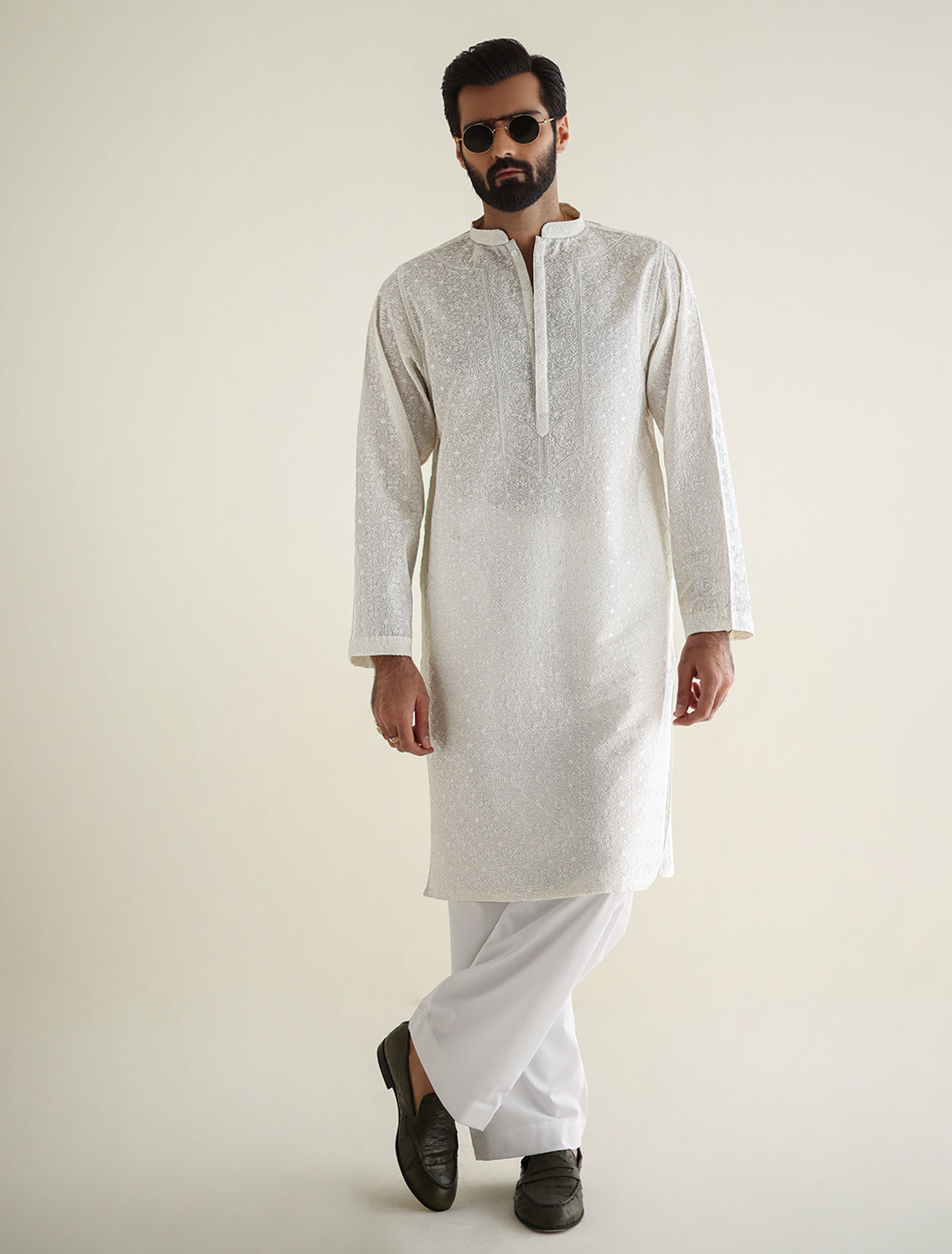 Pakistani Menswear | Ismail Farid - OFF-WHITE HEAVY EMBROIDERED KURTA