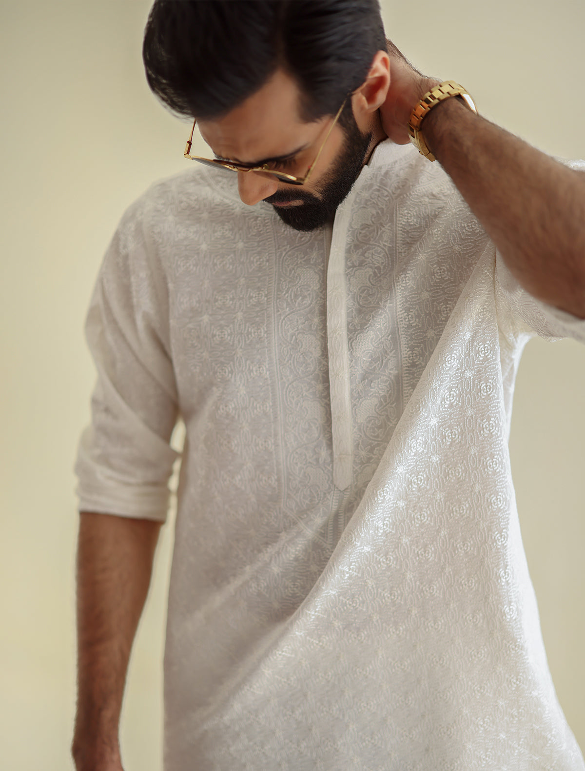 Pakistani Menswear | Ismail Farid - OFF-WHITE HEAVY EMBROIDERED KURTA