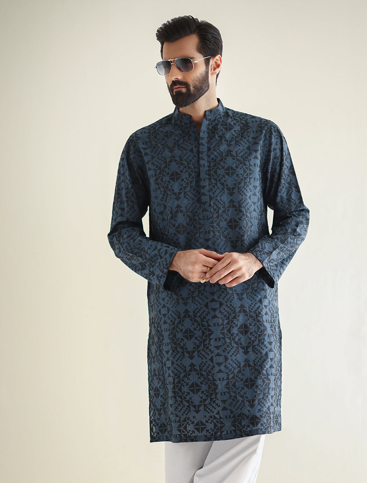 Pakistani Menswear | Ismail Farid - BLUE EMBROIDERED KURTA