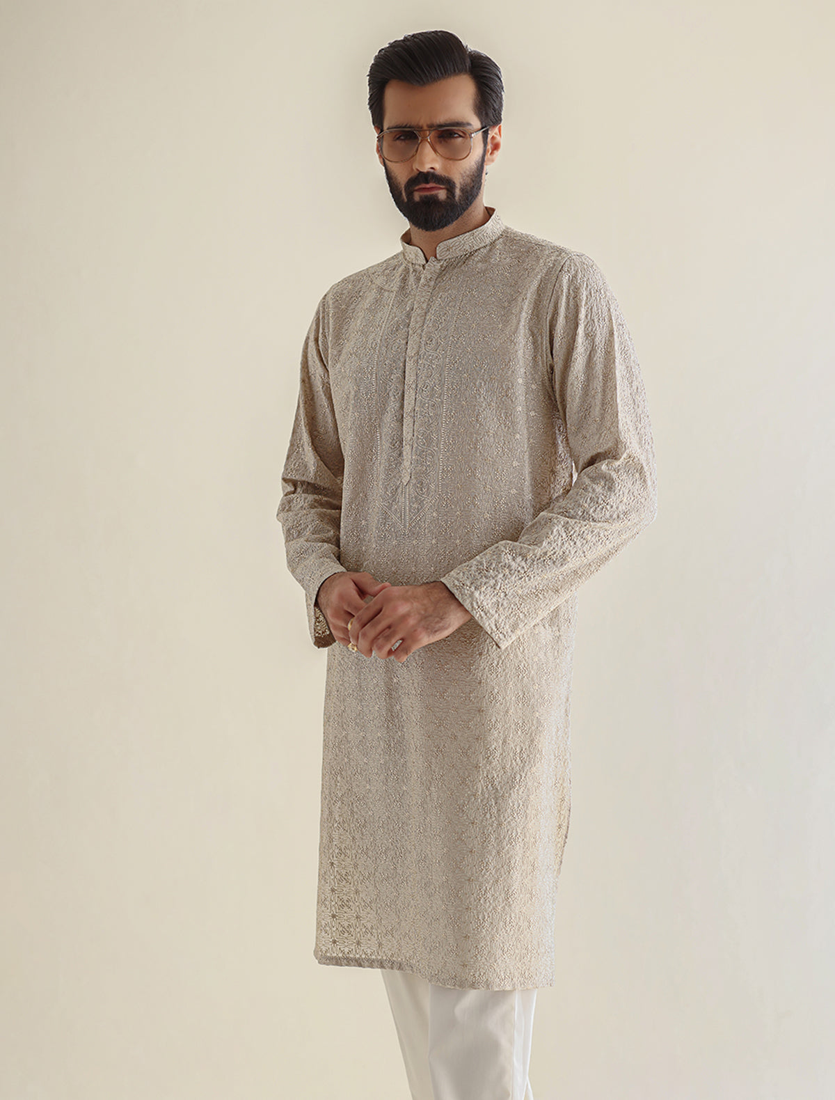 Pakistani Menswear | Ismail Farid - BEIGE HEAVY EMBROIDERED KURTA