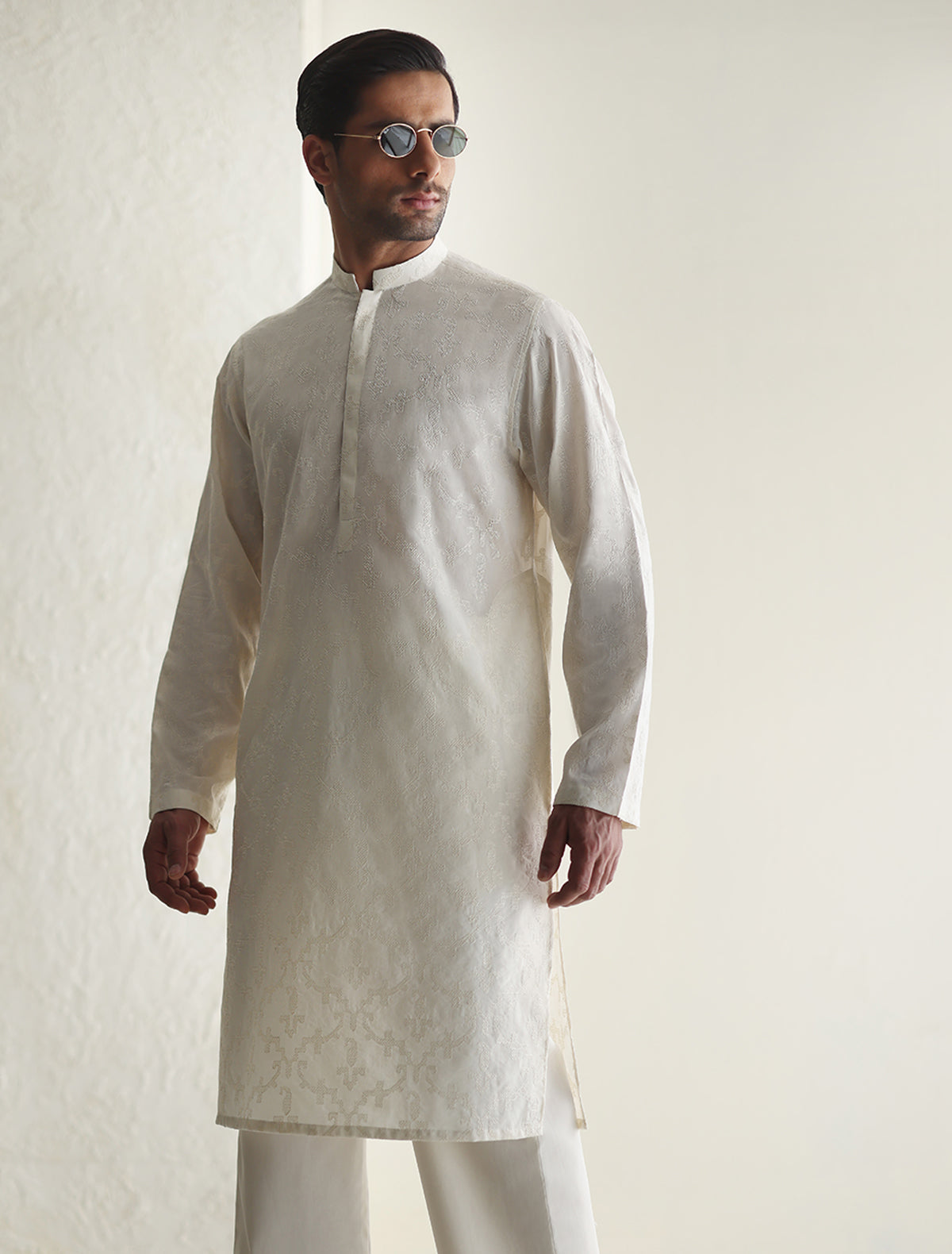 Pakistani Menswear | Ismail Farid - OFF-WHITE EMBROIDERED KURTA