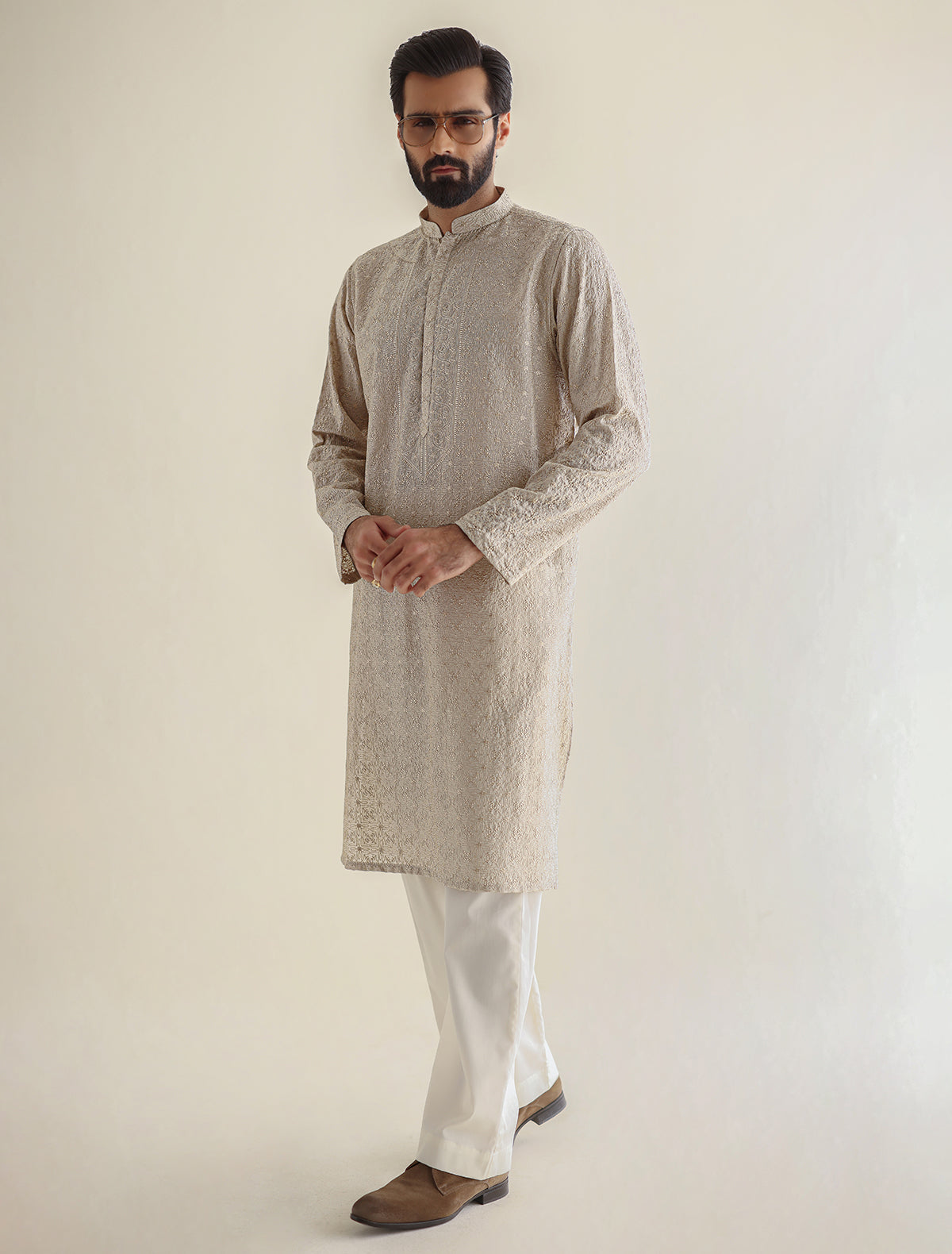 Pakistani Menswear | Ismail Farid - BEIGE HEAVY EMBROIDERED KURTA