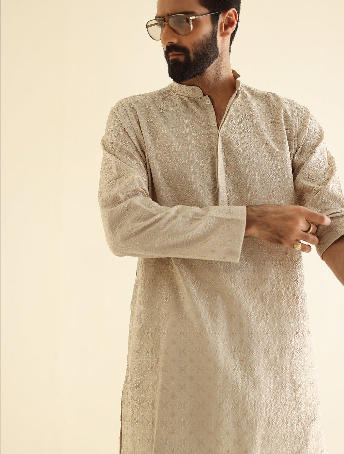 Pakistani Menswear | Ismail Farid - BEIGE HEAVY EMBROIDERED KURTA