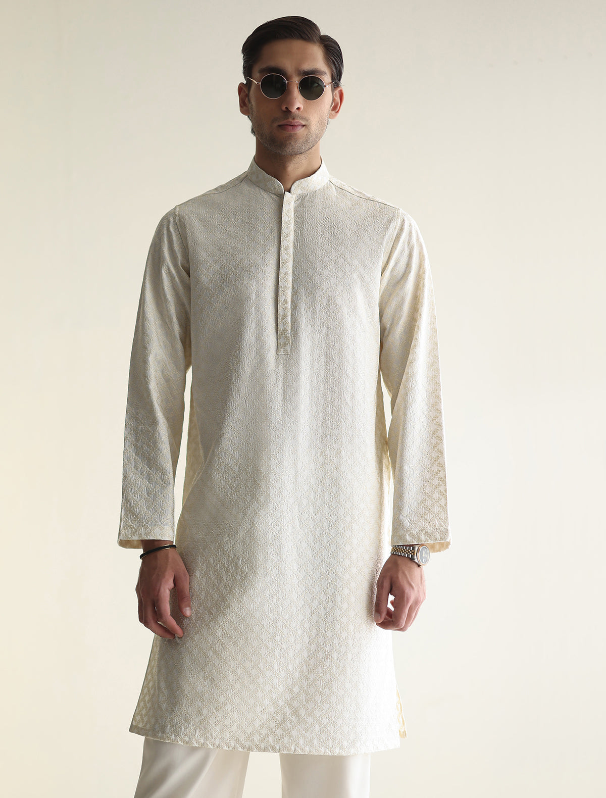 Pakistani Menswear | Ismail Farid - OFF-WHITE EMBROIDERED KURTA