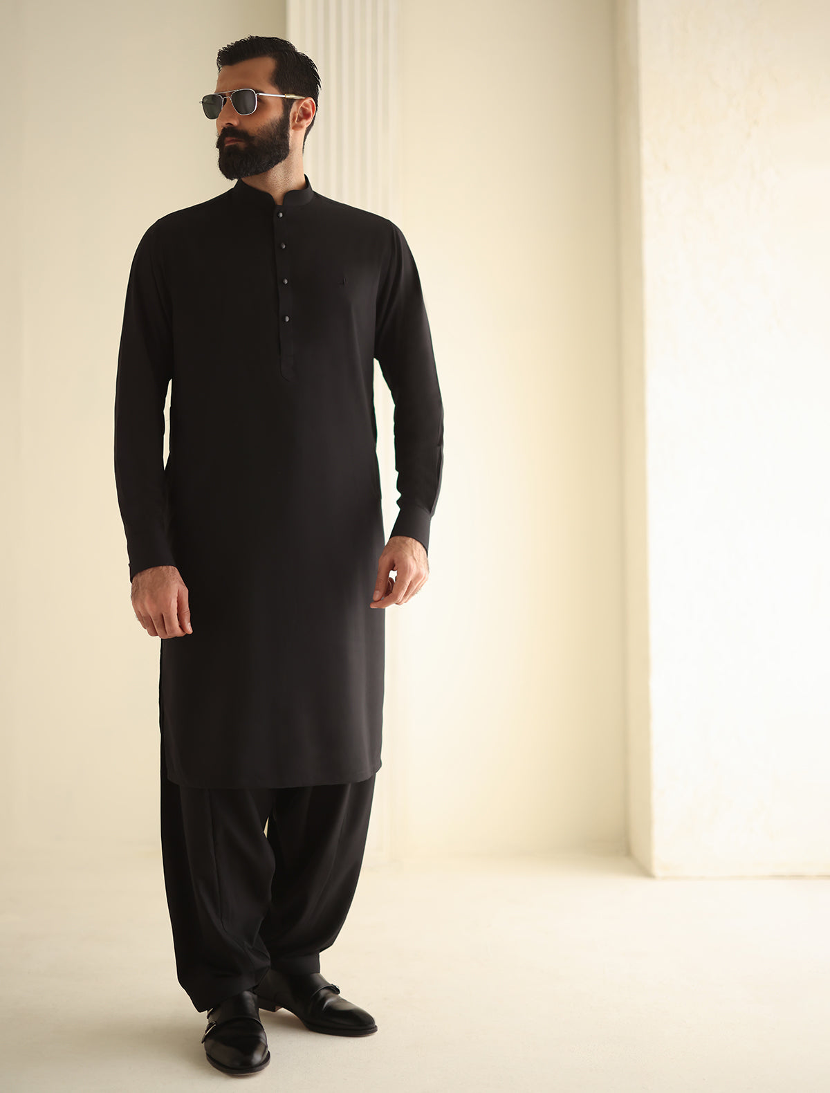 Pakistani Menswear | Ismail Farid - BLACK MANDARIN COLLAR KAMEEZ SHALWAR