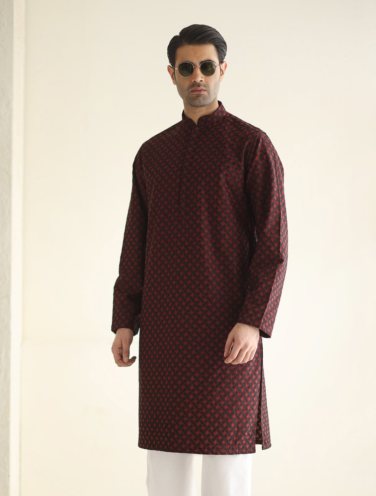 Pakistani Menswear | Ismail Farid - MAROON MESH EMBROIDERED KURTA