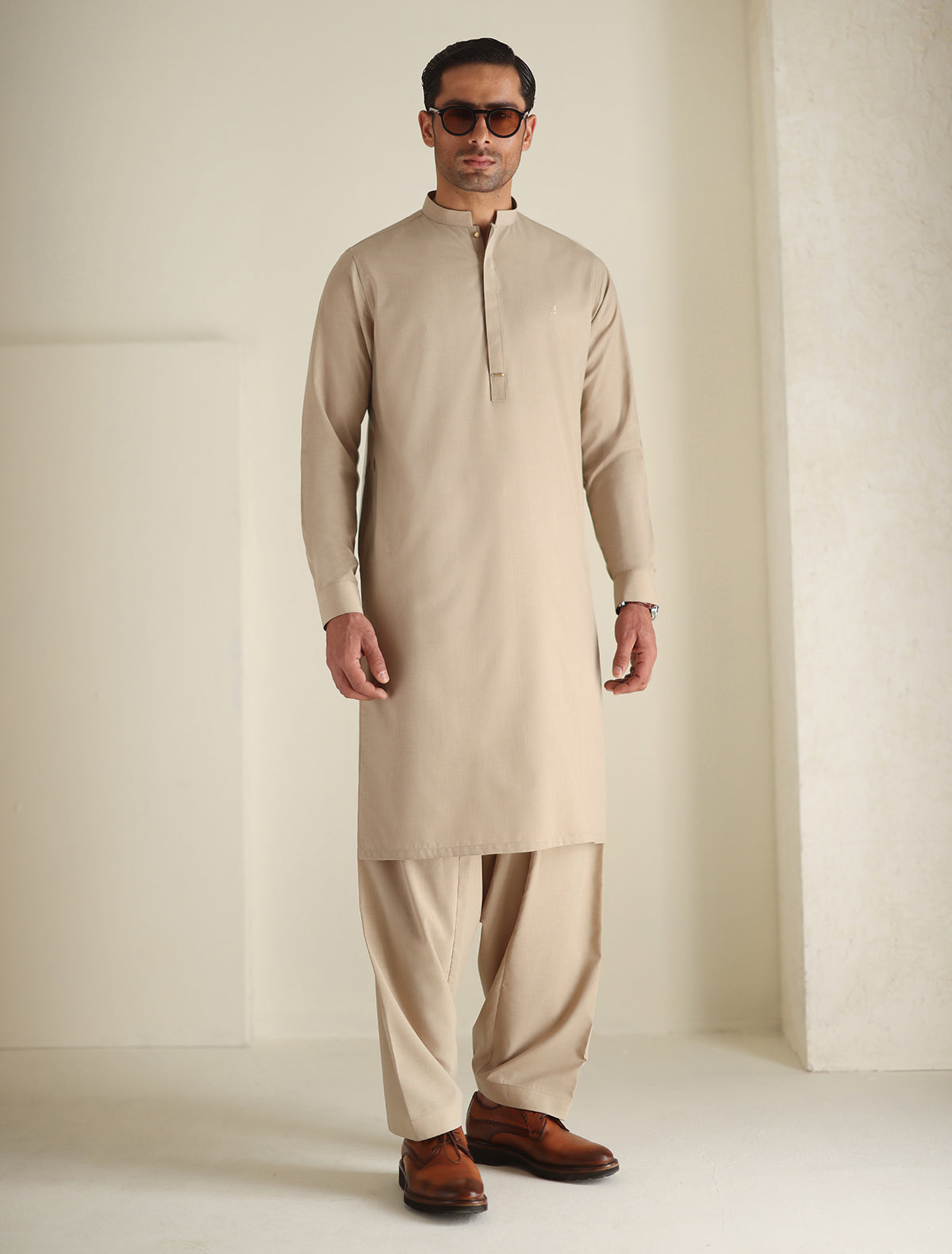 Pakistani Menswear | Ismail Farid - BEIGE LOGO-EMBROIDERED KAMEEZ SHALWAR