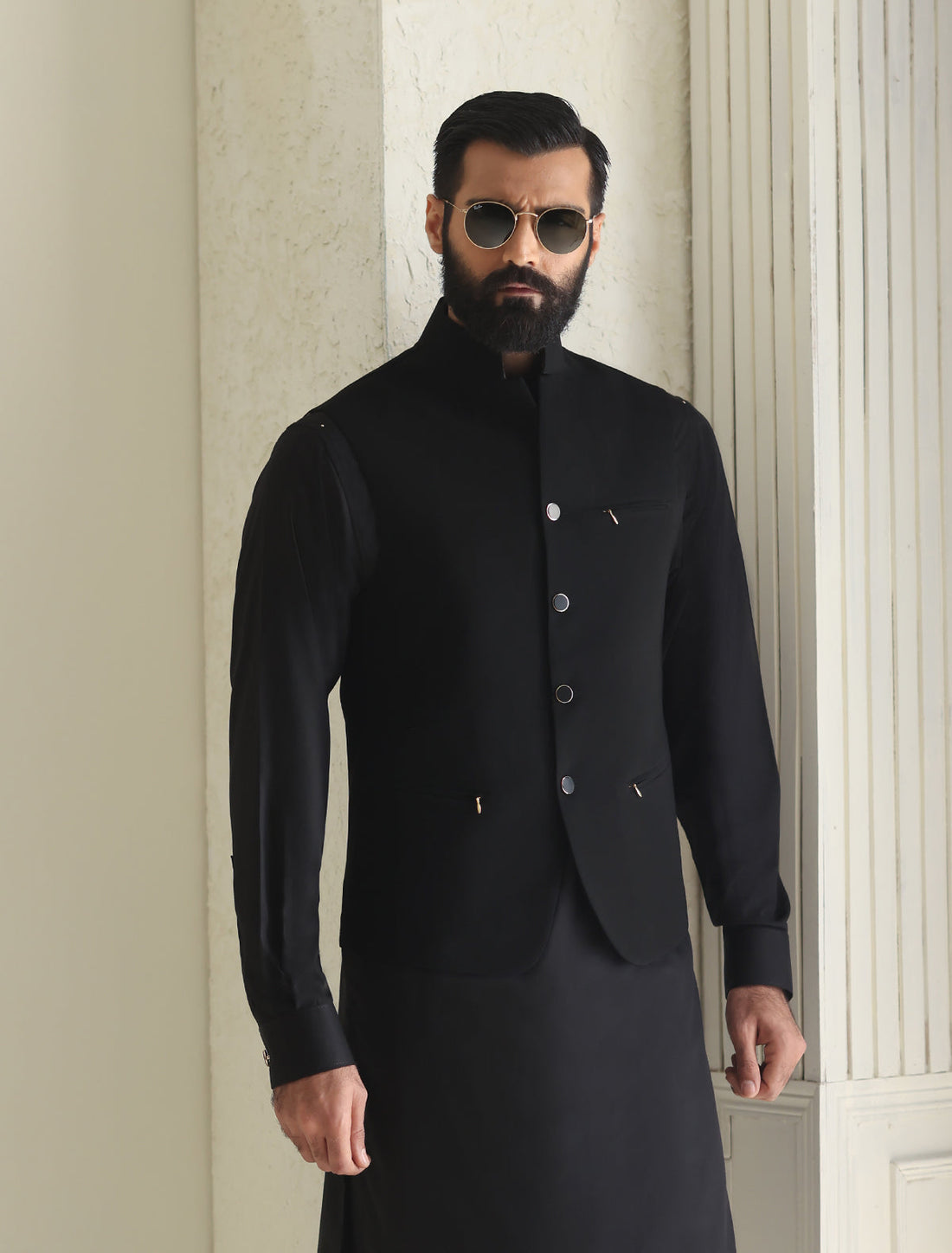 Pakistani Menswear | Ismail Farid - BLACK SLIM FIT WAISTCOAT