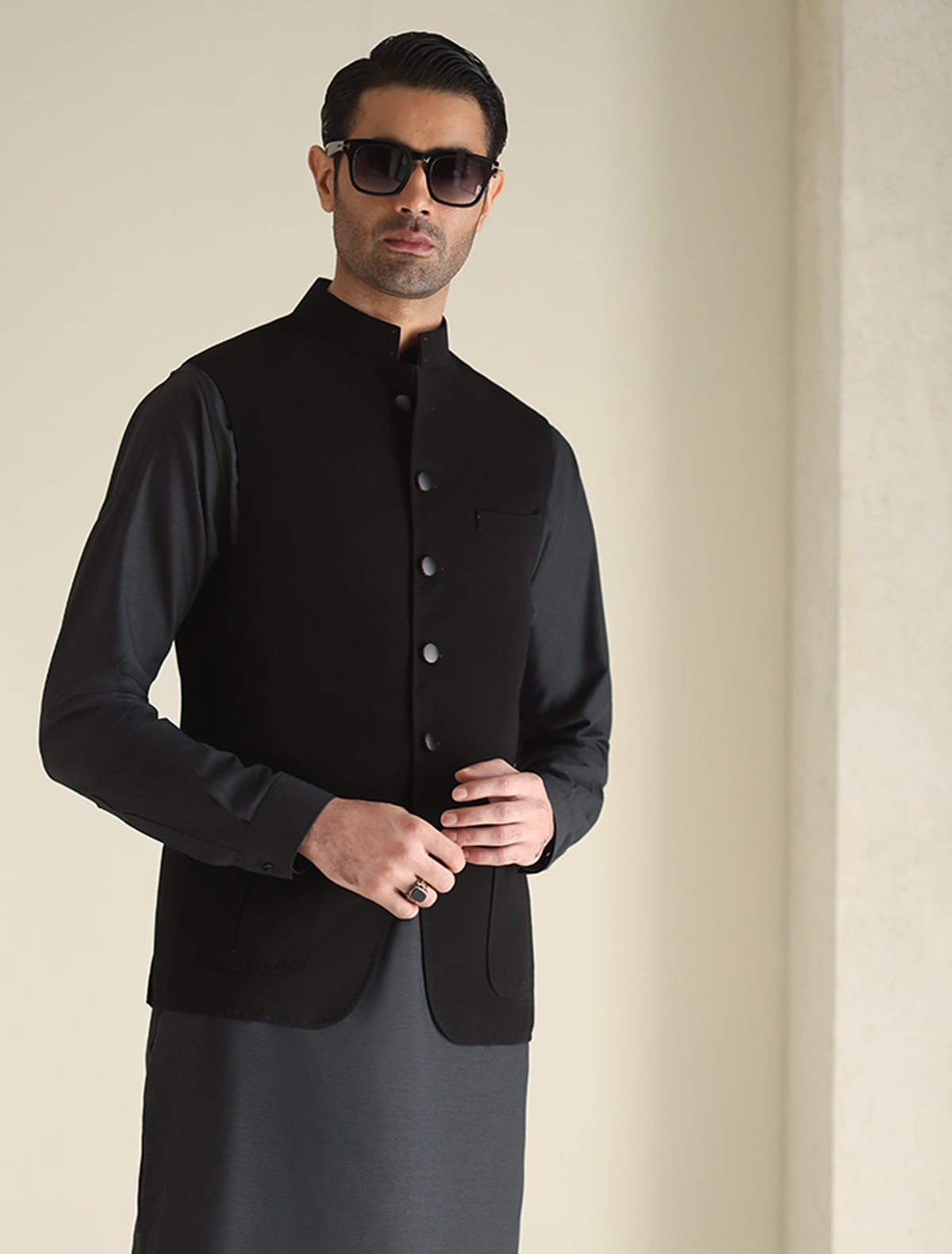 Pakistani Menswear | Ismail Farid - THE VERY DARK BLACK WAISTCOAT