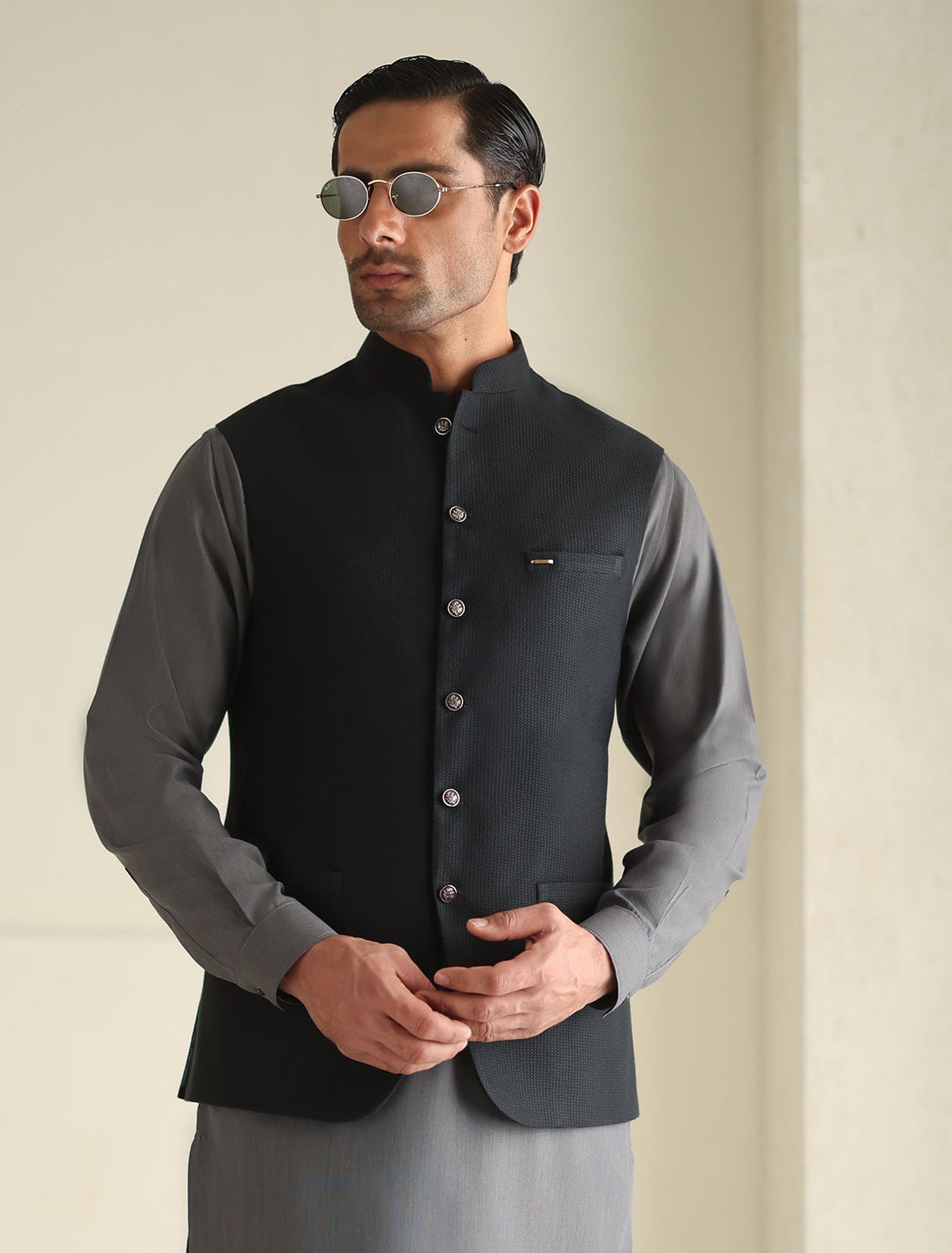Pakistani Menswear | Ismail Farid - BLACK TEXTURED WAISTCOAT