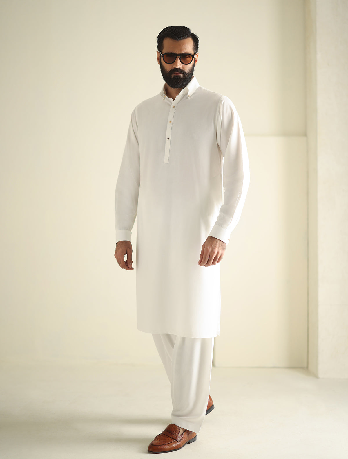 Pakistani Menswear | Ismail Farid - OFF-WHITE BUTTON-DOWN KAMEEZ SHALWAR
