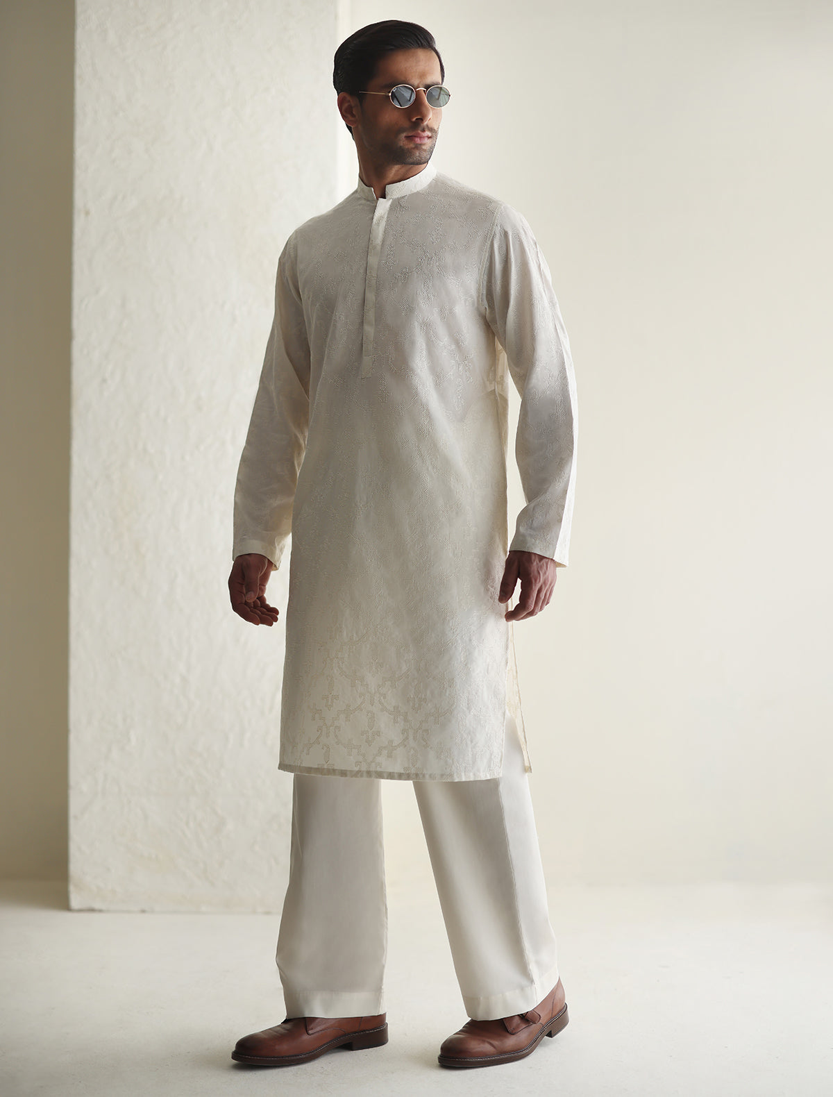 Pakistani Menswear | Ismail Farid - OFF-WHITE EMBROIDERED KURTA