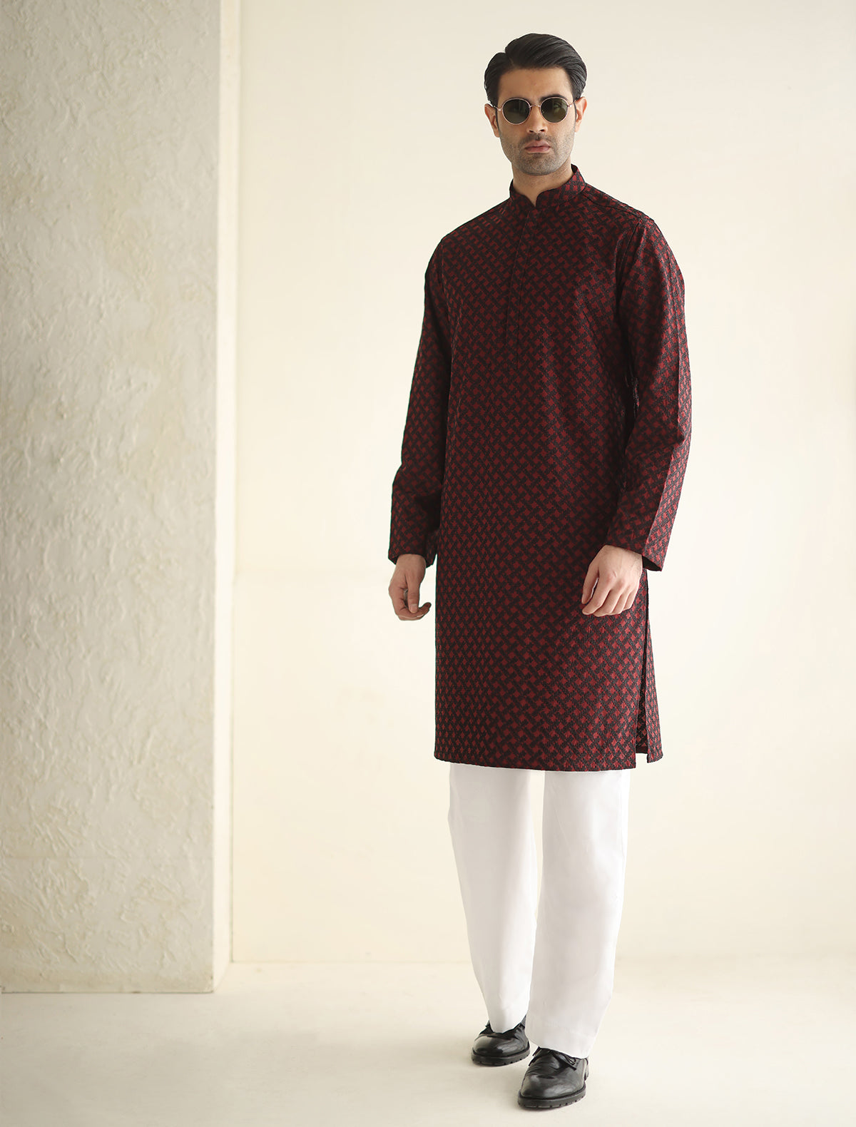 Pakistani Menswear | Ismail Farid - MAROON MESH EMBROIDERED KURTA