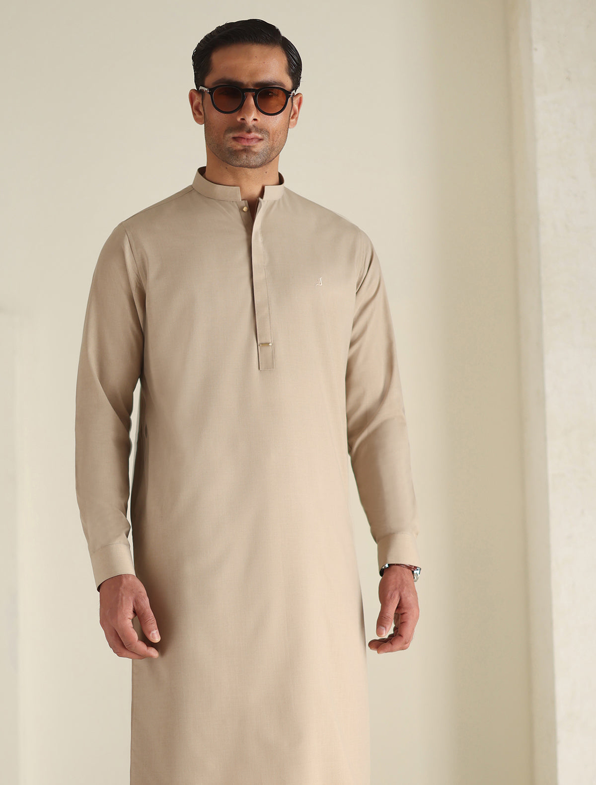 Pakistani Menswear | Ismail Farid - BEIGE LOGO-EMBROIDERED KAMEEZ SHALWAR