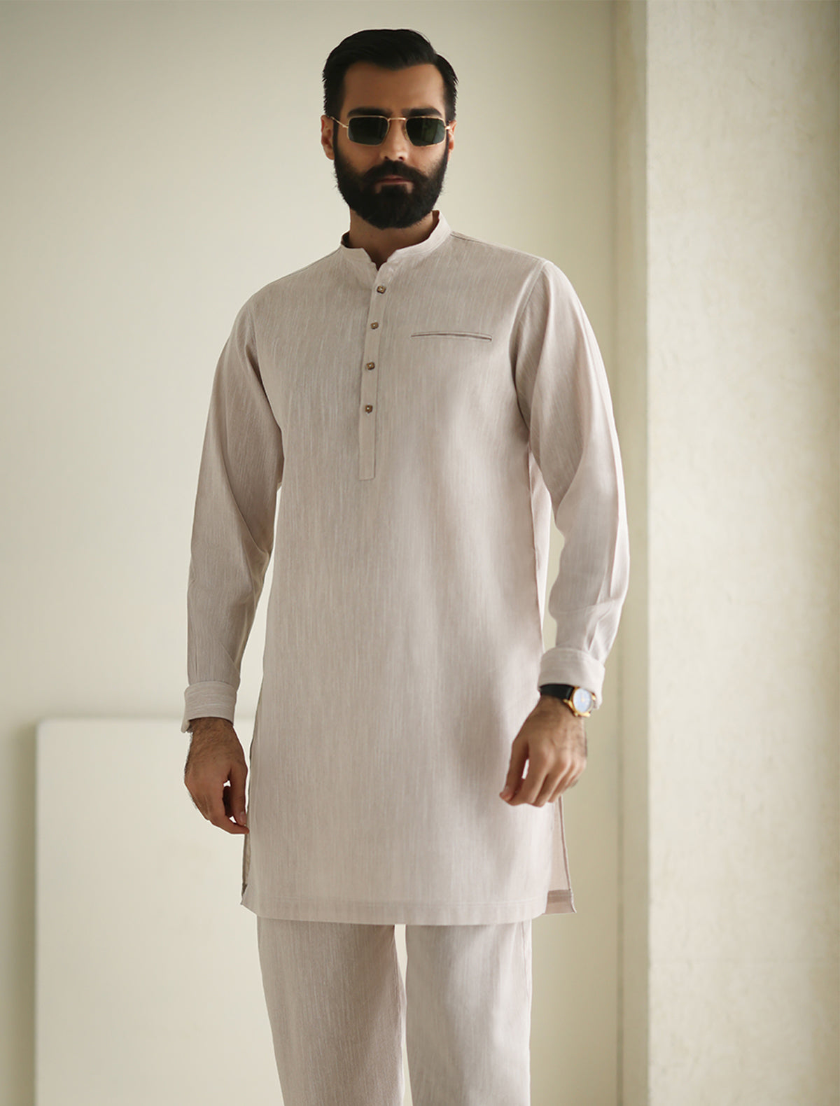 Pakistani Menswear | Ismail Farid - LIGHT BEIGE DESIGNER KURTA PAJAMA