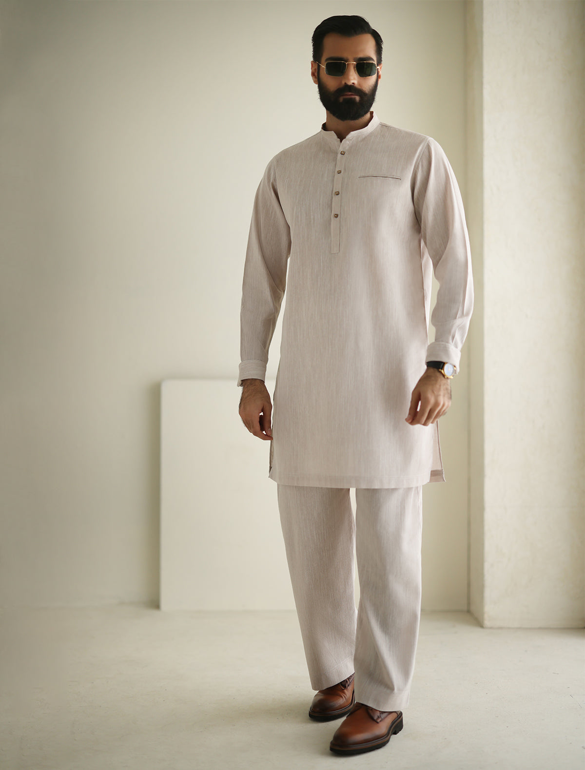 Pakistani Menswear | Ismail Farid - LIGHT BEIGE DESIGNER KURTA PAJAMA