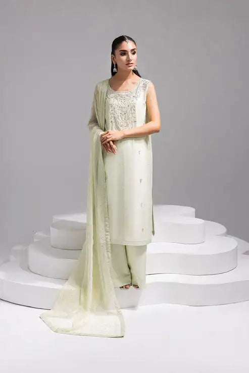 Amani | Aira Festive Wear | SOLEA ÃÂ¢- Hand Embroidered Mint Butter Silk Shirt with Viscose Pants & Mukesh Dupatta - Official Amani - Agha Fabrics UK