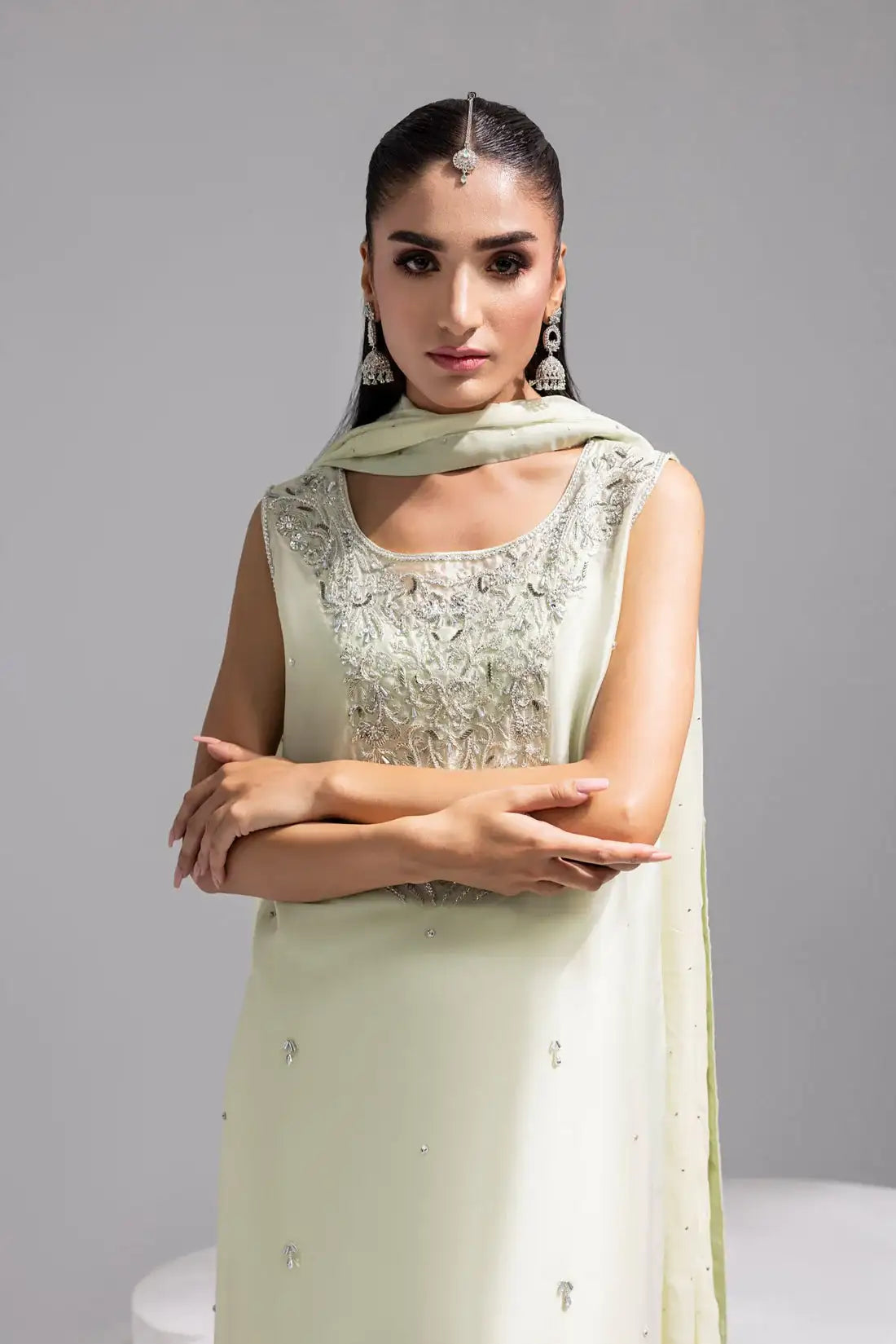 Amani | Aira Festive Wear | SOLEA ÃÂ¢- Hand Embroidered Mint Butter Silk Shirt with Viscose Pants & Mukesh Dupatta - Official Amani - Agha Fabrics UK