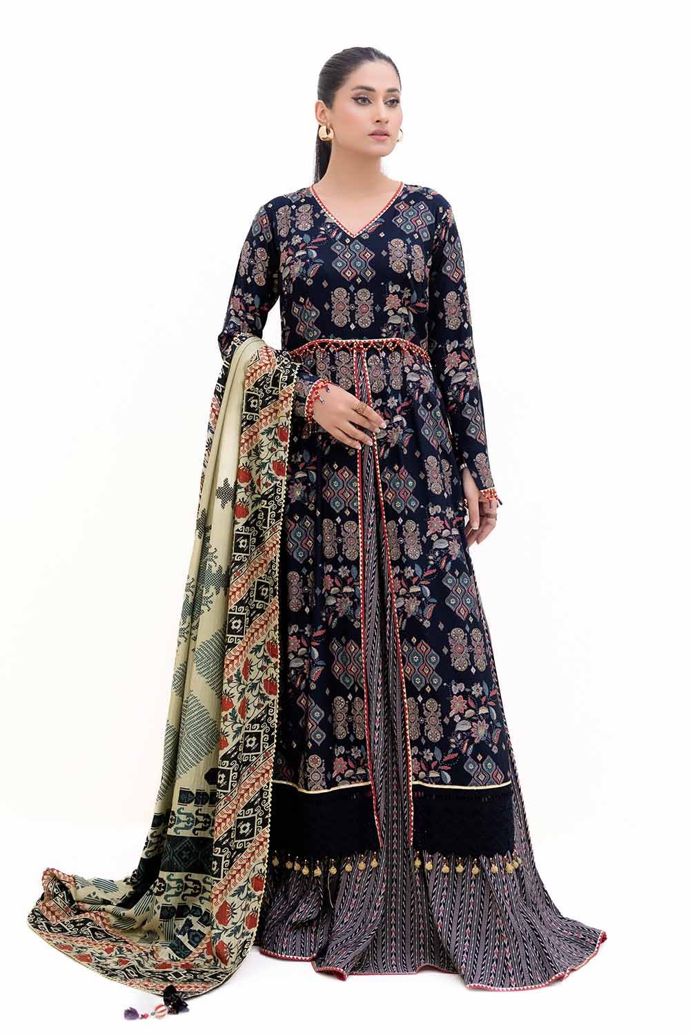 Gul Ahmed | Winter Collection 24 | Gold Printed Polyestor Suit with Printed Sequins Stripe Dupatta SP-42045 - Official Gul Ahmed - Agha Fabrics UK