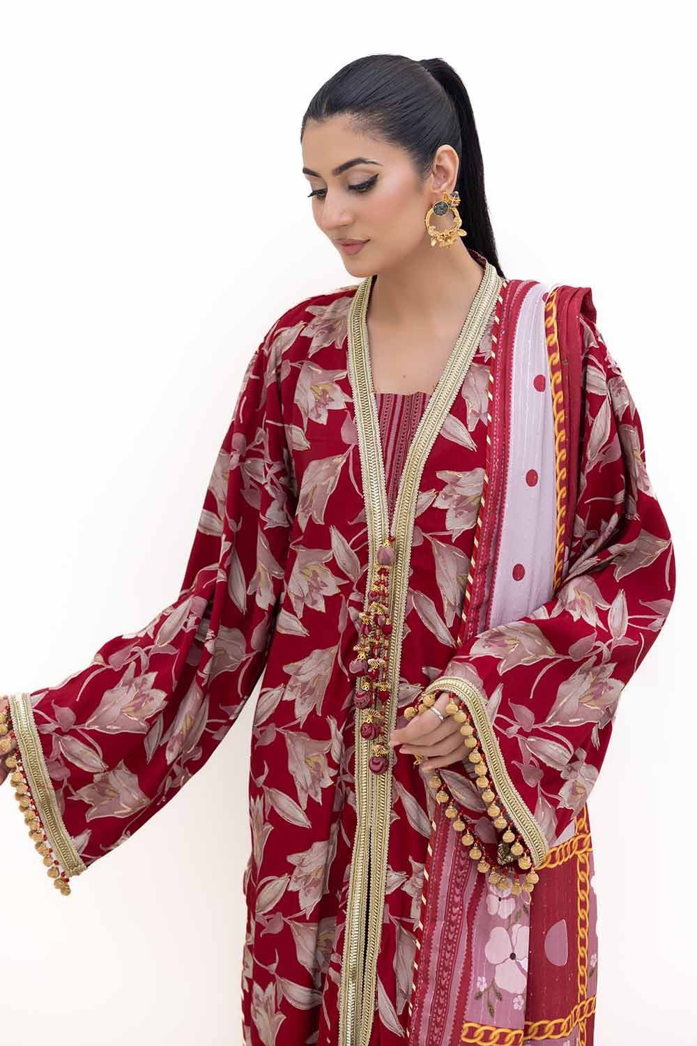 Gul Ahmed | Winter Collection 24 | Gold Printed Polyestor Suit with Printed Sequins Stripe Dupatta SP-42046 - Official Gul Ahmed - Agha Fabrics UK