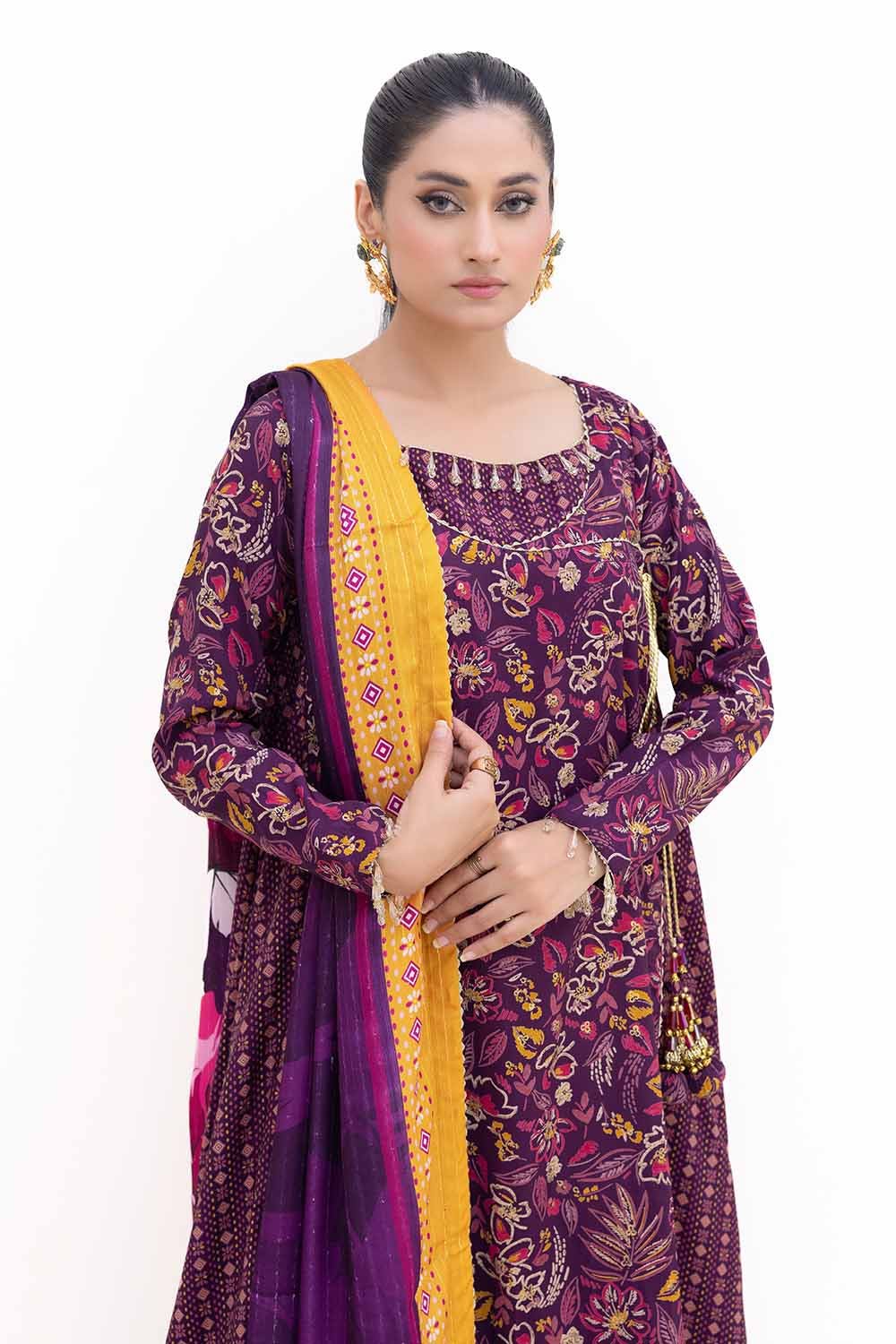 Gul Ahmed | Winter Collection 24 | Gold Printed Polyestor Suit with Printed Sequins Stripe Dupatta SP-42047 - Official Gul Ahmed - Agha Fabrics UK