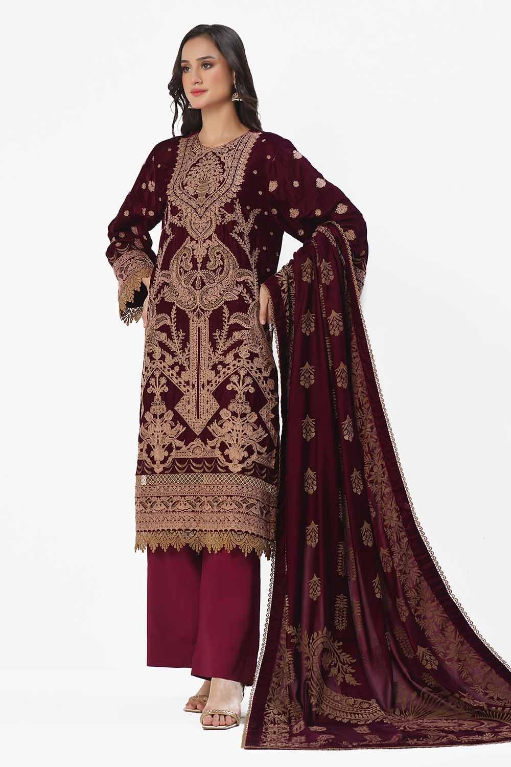 Gul Ahmed | Winter Collection 24 | Velvet Dupatta WV-42003 - Official Gul Ahmed - Agha Fabrics UK