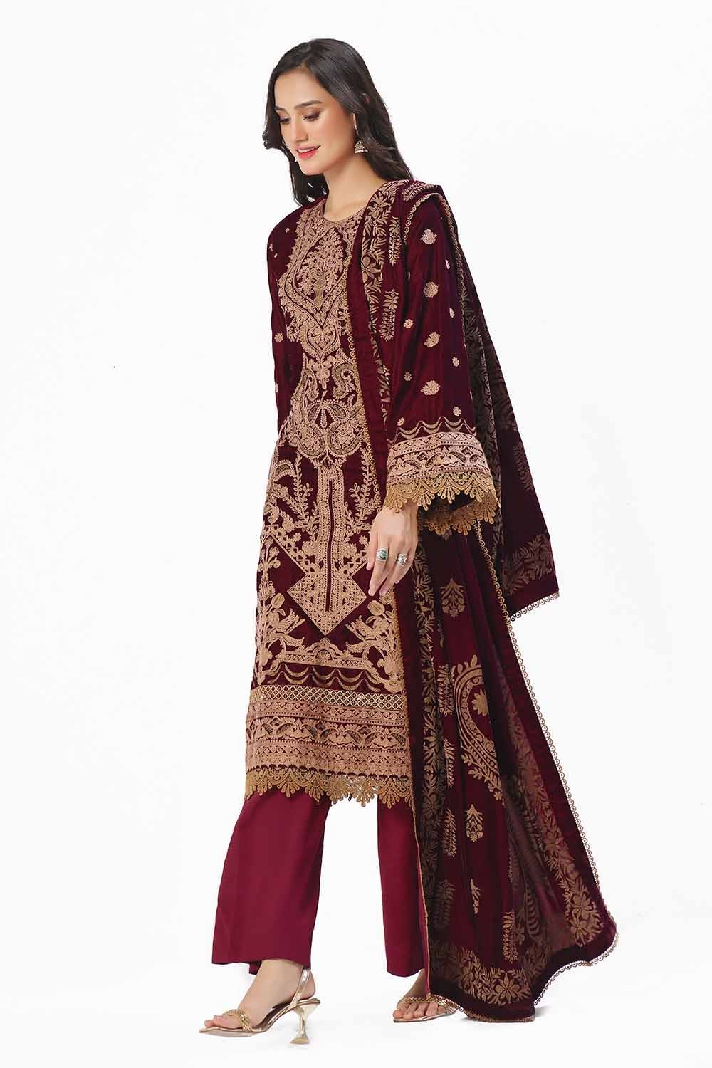 Gul Ahmed | Winter Collection 24 | Velvet Dupatta WV-42003 - Official Gul Ahmed - Agha Fabrics UK