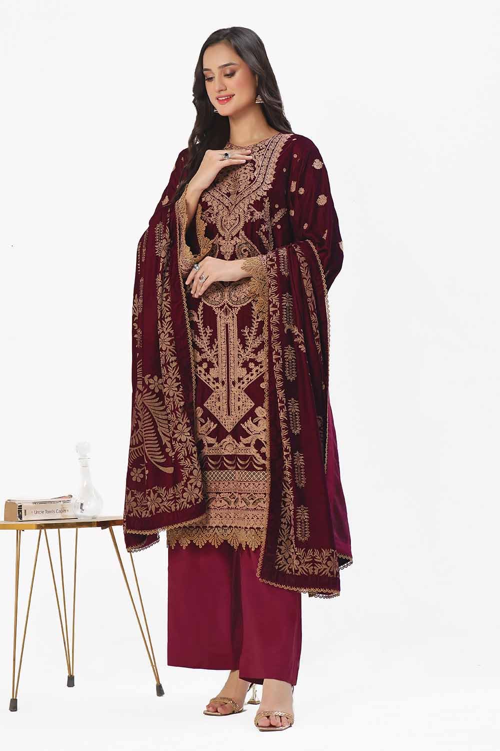 Gul Ahmed | Winter Collection 24 | Velvet Dupatta WV-42003 - Official Gul Ahmed - Agha Fabrics UK