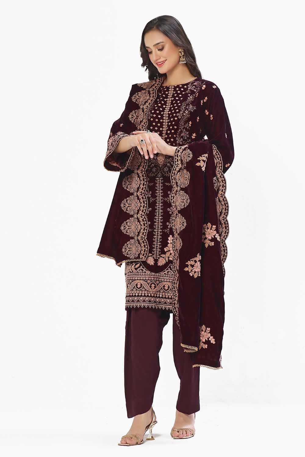 Gul Ahmed | Winter Collection 24 | Velvet Dupatta WV-42006 - Official Gul Ahmed - Agha Fabrics UK